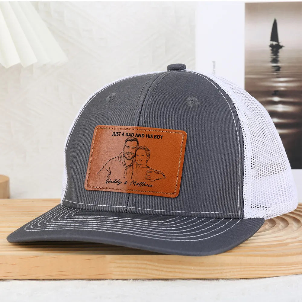 Custom Photo,Gift For Father,Dad - Daughters (Young),Photo - Pencil Sketch (Bold),Proud - Custom Photo Bold Sketch Just A Dad And His Girl - Personalized Leather Patch Hat