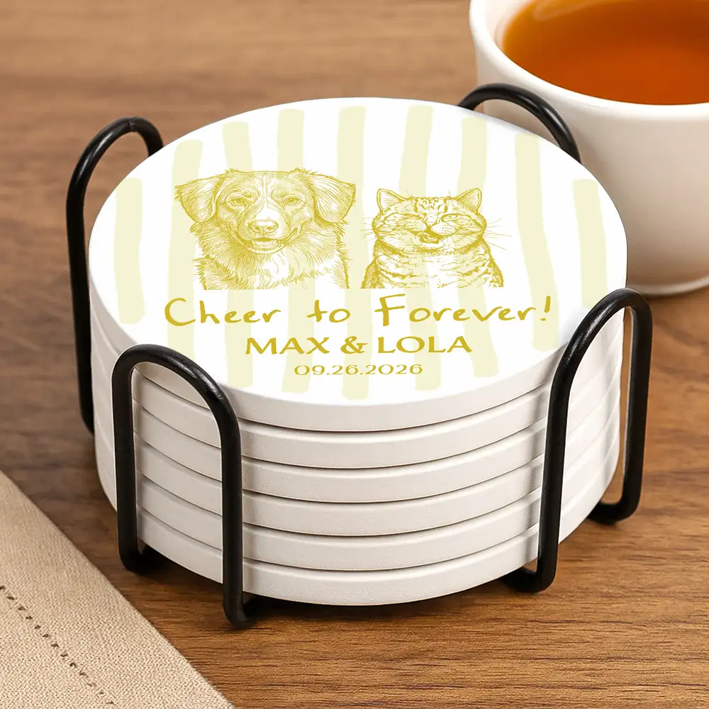 Art Design, Playful, Gift For Couples, Wedding, Photo - Pencil Sketch - Bold - Custom Photo Bold Sketch Pet Drinks On Me - Personalized Ceramic Coaster