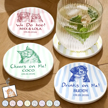 Custom Photo Bold Sketch Pet Drinks On Me - Personalized Ceramic Coaster