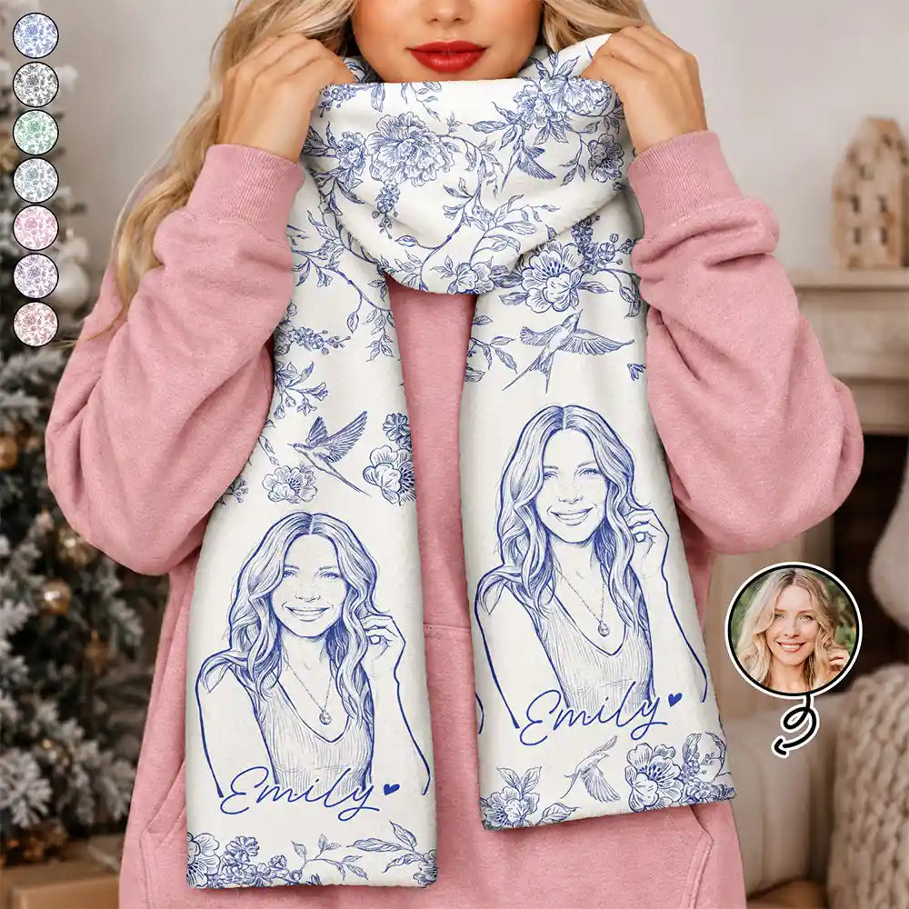 Custom Photo Bold Sketch Portrait With Toile De Jouy Floral Gift For Her - Personalized Fleece Scarf