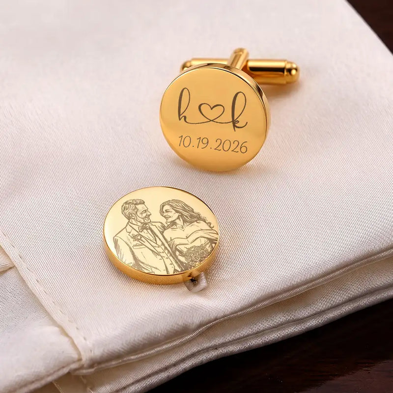 Art Design,Romantic,Gift For Couples,Photo - Pencil Sketch - Bold - Custom Photo Bold Sketch Romantic Couple Portrait - Personalized Circular Cufflinks