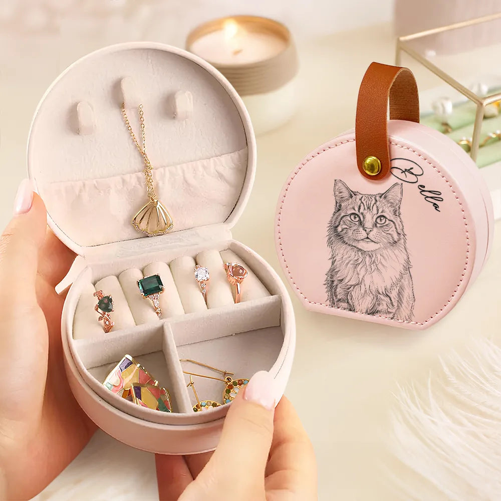Custom Photo,Beach,Art Design,Summer,Pet Lovers,Playful,Photo - Pencil Sketch - Bold - Custom Photo Bold Sketch Woman Besties Dog Cat Portrait - Personalized Jewelry Box With Handle