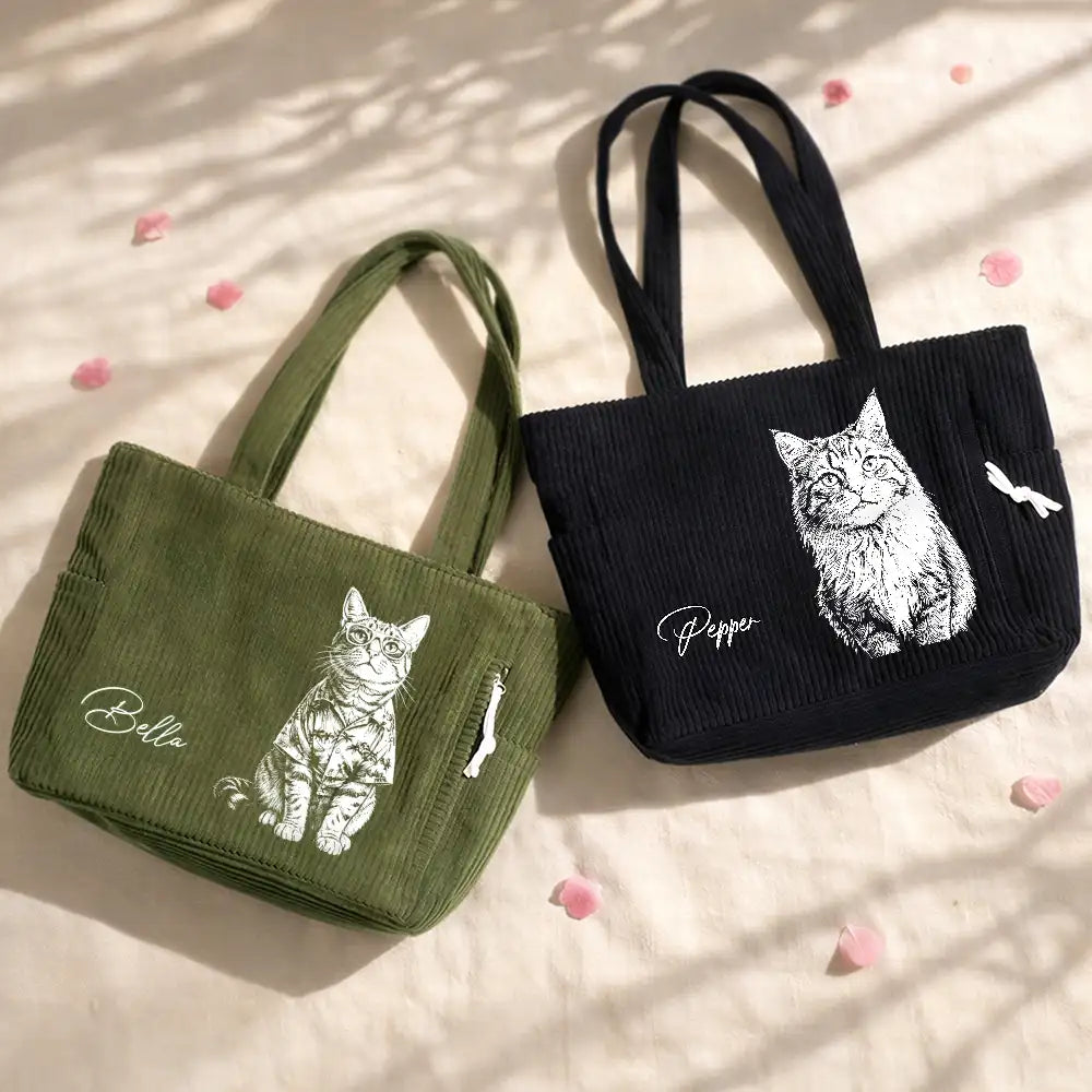 Custom Photo, Beach, Art Design, Summer, Pet Lovers, Playful, Photo - Pencil Sketch - Bold - Custom Photo Bold Sketch Woman Man Dog Cat Funny Portrait - Personalized Corduroy Tote Bag