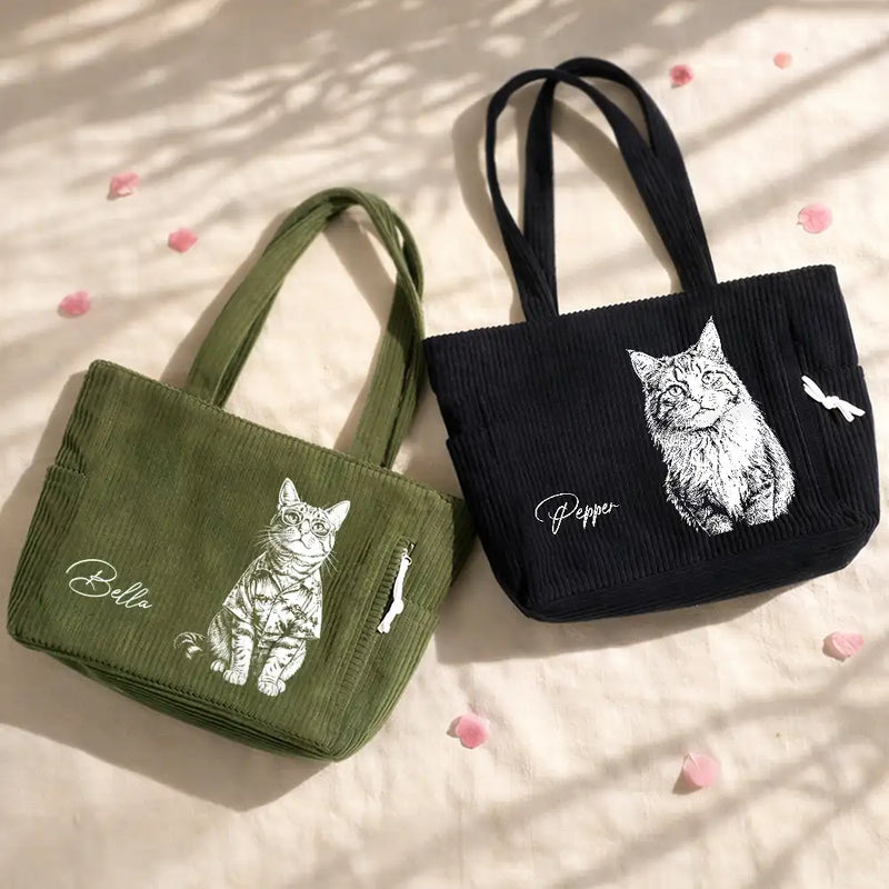 Custom Photo, Beach, Art Design, Summer, Pet Lovers, Playful, Photo - Pencil Sketch - Bold - Custom Photo Bold Sketch Woman Man Dog Cat Funny Portrait - Personalized Corduroy Tote Bag