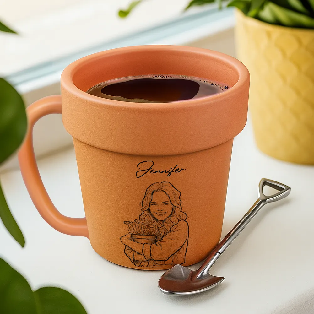 Gardening, Custom Photo, Art Design, Summer, Pet Lovers, Playful, Photo - Pencil Sketch - Bold - Custom Photo Bold Sketch Woman Man Dog Cat Funny Portrait - Personalized Plant Pot Ceramic Mug