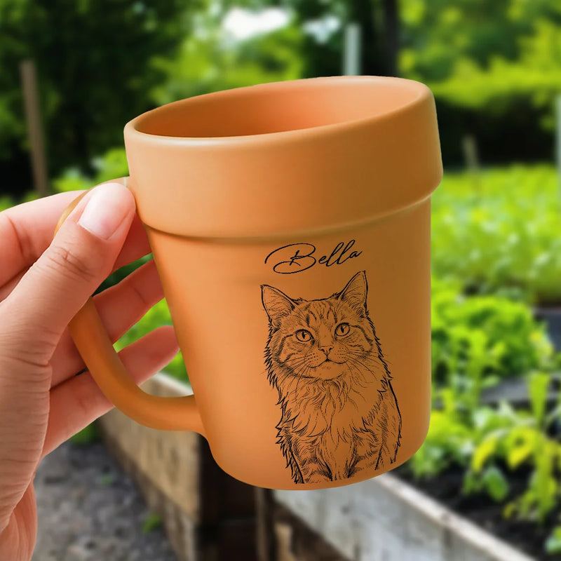 Gardening, Custom Photo, Art Design, Summer, Pet Lovers, Playful, Photo - Pencil Sketch - Bold - Custom Photo Bold Sketch Woman Man Dog Cat Funny Portrait - Personalized Plant Pot Ceramic Mug