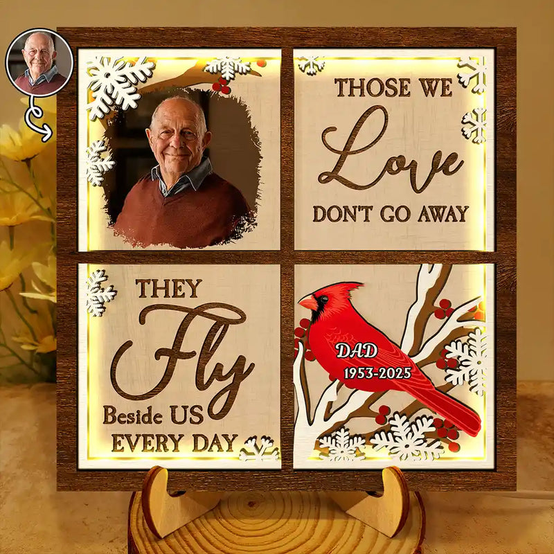 Gift For Yourself, Gift For Women, Gift For Men, Memorial, Sad, Gift For Son, Gift For Daughter - Custom Photo Cardinal They Fly Beside Us - Personalized LED Light Wooden Plaque