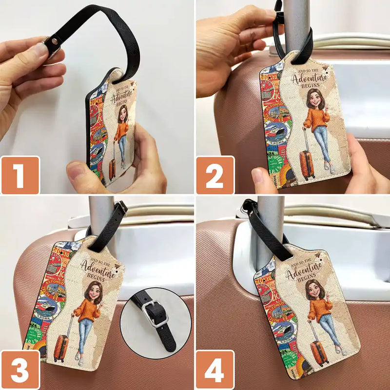 Travel,Art Design,Confident,Gift For Yourself,Summer,Photo - Caricature - Remove BG - Custom Photo Caricature And So The Adventure Begins Travel Lover - Personalized Luggage Tag