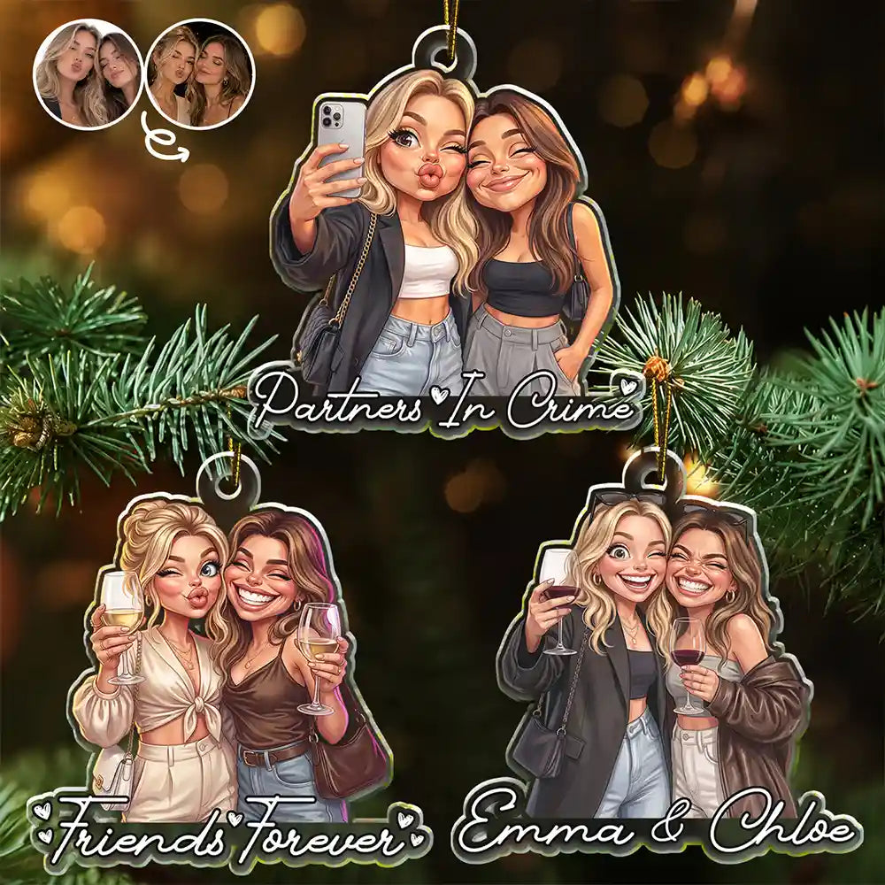 Custom Photo Caricature Besties Friend Forever Together - Personalized Custom Shaped Acrylic Ornament