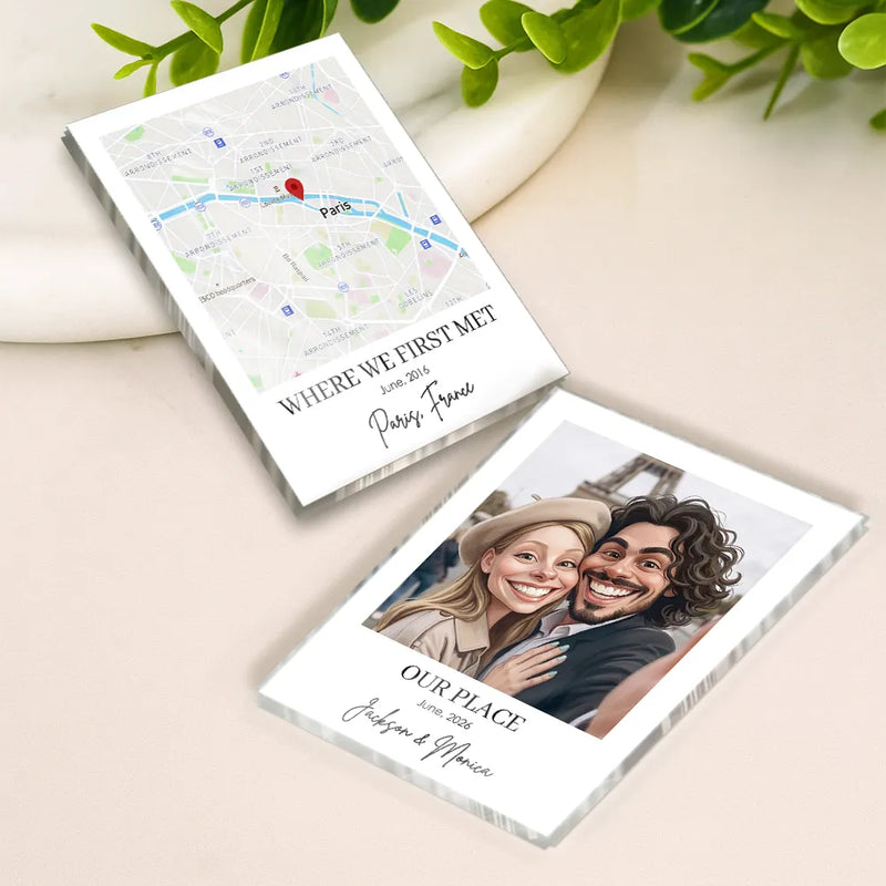 Travel, Art Design, Anniversary, Custom Photo, Romantic, Summer, Gift For Couples, Photo - Caricature - With BG - Custom Photo Caricature Travel Keepsake For Family And Friends - Personalized Acrylic Magnet