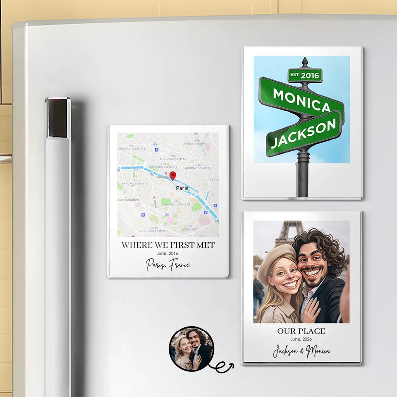 Travel, Art Design, Anniversary, Custom Photo, Romantic, Summer, Gift For Couples, Photo - Caricature - With BG - Custom Photo Caricature Travel Keepsake For Family And Friends - Personalized Acrylic Magnet
