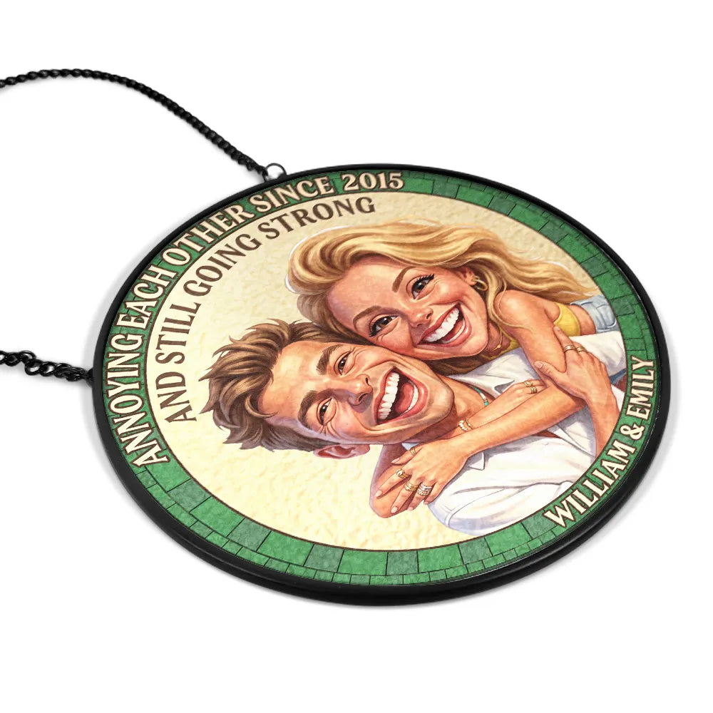 Custom Photo, Art Design, Gift For Couples, Old Couples, Wedding Anniversary, Humorous, Photo - Caricature - Remove BG - Custom Photo Caricature Vintage Annoying Each Other - Personalized Stained Glass Window Hanging Suncatcher