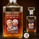 Custom Photo, Art Design, Gift For Couples, Old Couples, Wedding Anniversary, Humorous, Photo - Caricature - Remove BG - Custom Photo Caricature Vintage Annoying Each Other - Personalized Square Whiskey Bottle