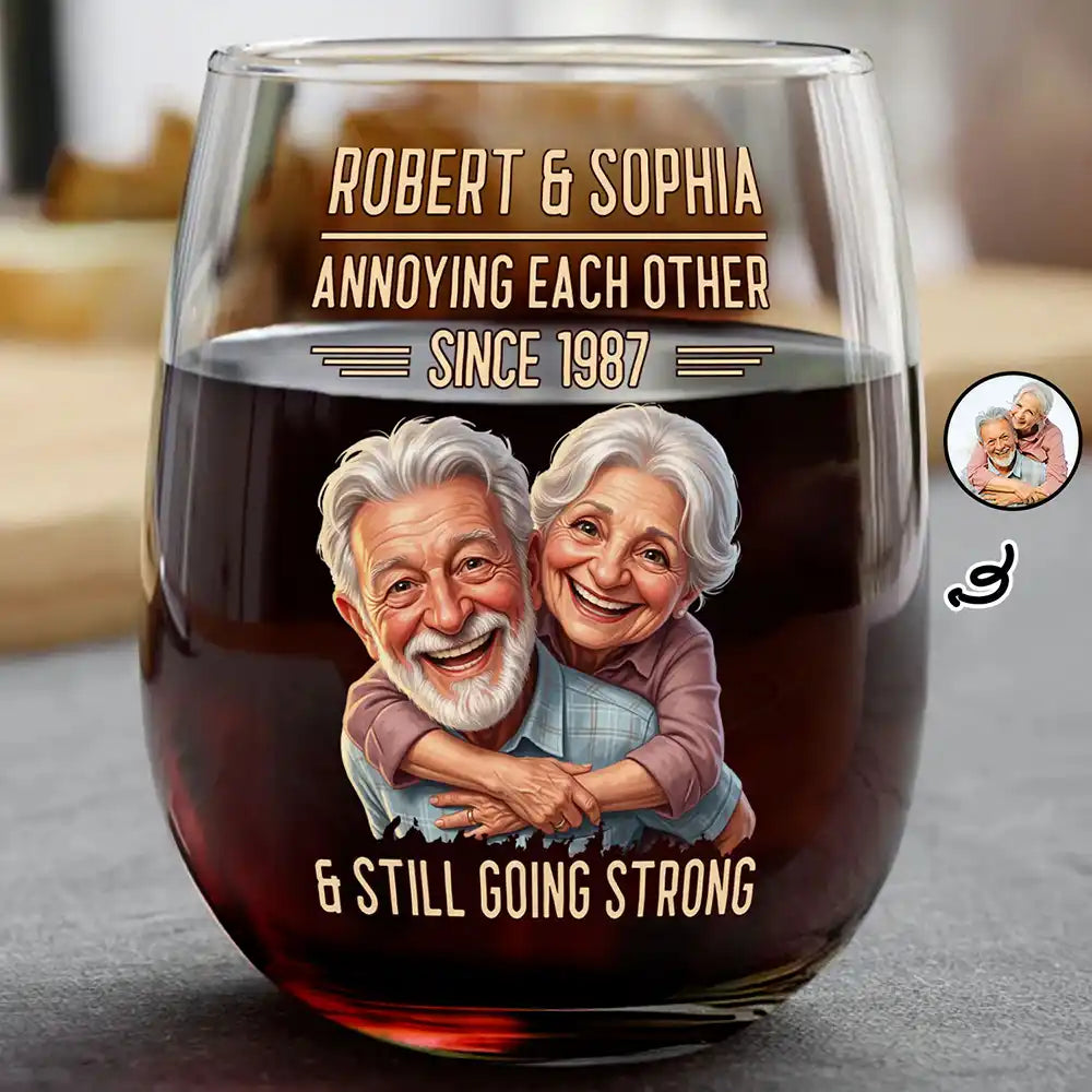 Custom Photo Caricature Vintage Annoying Each Other - Personalized Stemless Wine Glass