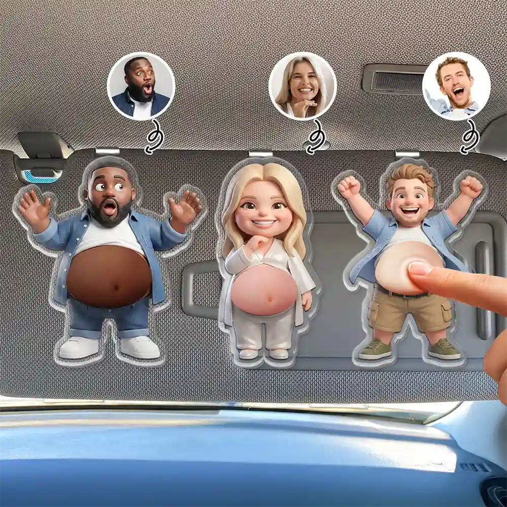 Custom Photo, Art Design, Family, Humorous, Photo - Belly FreeStyle Pose Cartoon Figure - Custom Photo Cartoon Belly Character Family Member - Personalized Squishy Acrylic Car Visor Clip