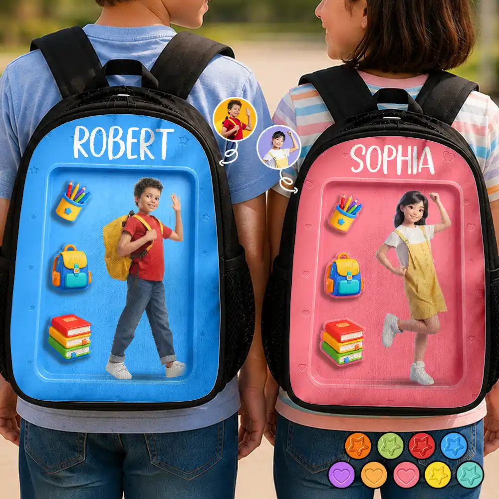 Adorable,Art Design,Back To School,Gift For Kids,Photo - Cartoon Portrait - Custom Photo Cartoon Portrait Adorable Kid Ready For School - Personalized Kids Backpack