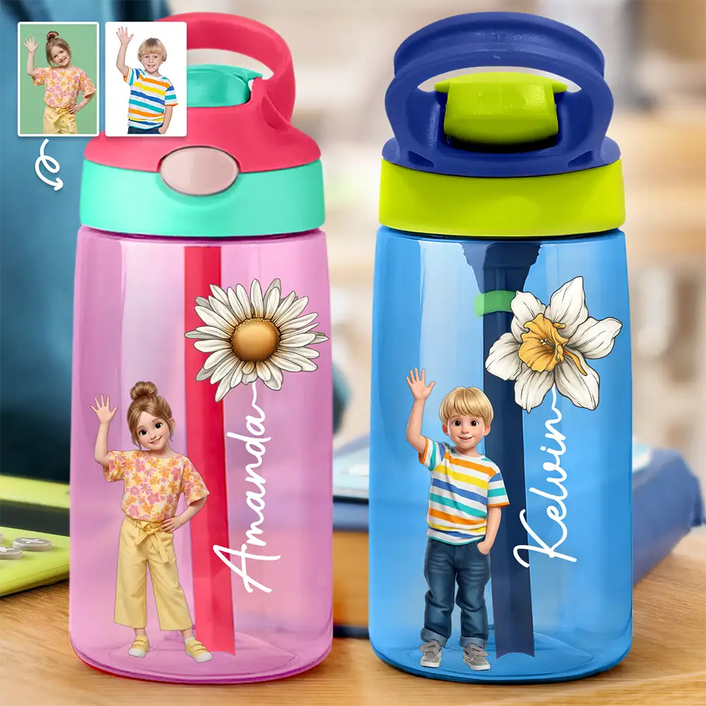 Top Market, Adorable, Art Design, Back To School, Custom Photo, Gift For Kids, Photo - Cartoon Portrait - Custom Photo Cartoon Portrait Adorable Kid With Birth Month Flower - Personalized Kids Water Bottle With Straw