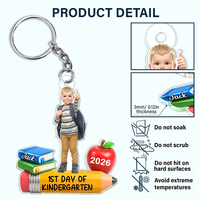 Top Market,Adorable,Art Design,Back To School,Gift For Kids,Photo - Cartoon Portrait - Custom Photo Cartoon Portrait First Day Of Kindergarten - Personalized Acrylic Keychain
