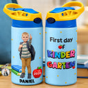 Adorable,Art Design,Back To School,Gift For Kids,Photo - Cartoon Portrait - Custom Photo Cartoon Portrait First Day Of Kindergarten - Personalized Insulated Water Bottle With Straw