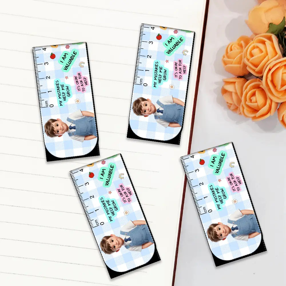Adorable,Art Design,Back To School,Reading,Gift For Kids,Photo - Cartoon Portrait - Custom Photo Cartoon Portrait Kid Affirmation Ruler - Personalized Custom Shaped Magnetic Bookmark Clip