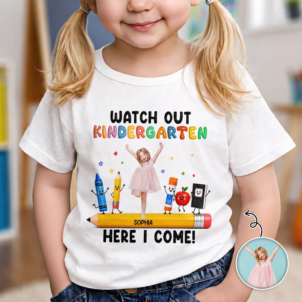 Custom Photo Cartoon Portrait Kid Watch Out Kindergarten Here I Come - Personalized T Shirt