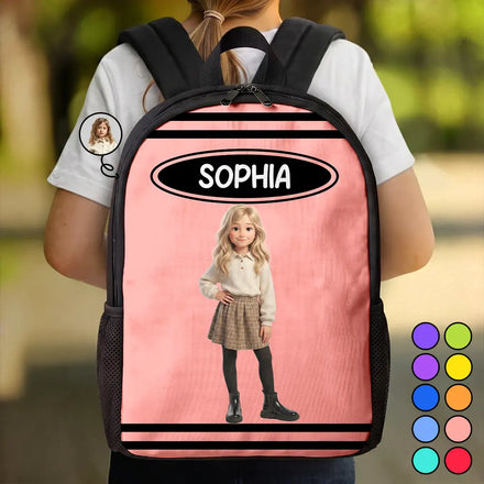 Custom Photo Cartoon Portrait Kid With Colorful Crayons - Personalized Kids Backpack