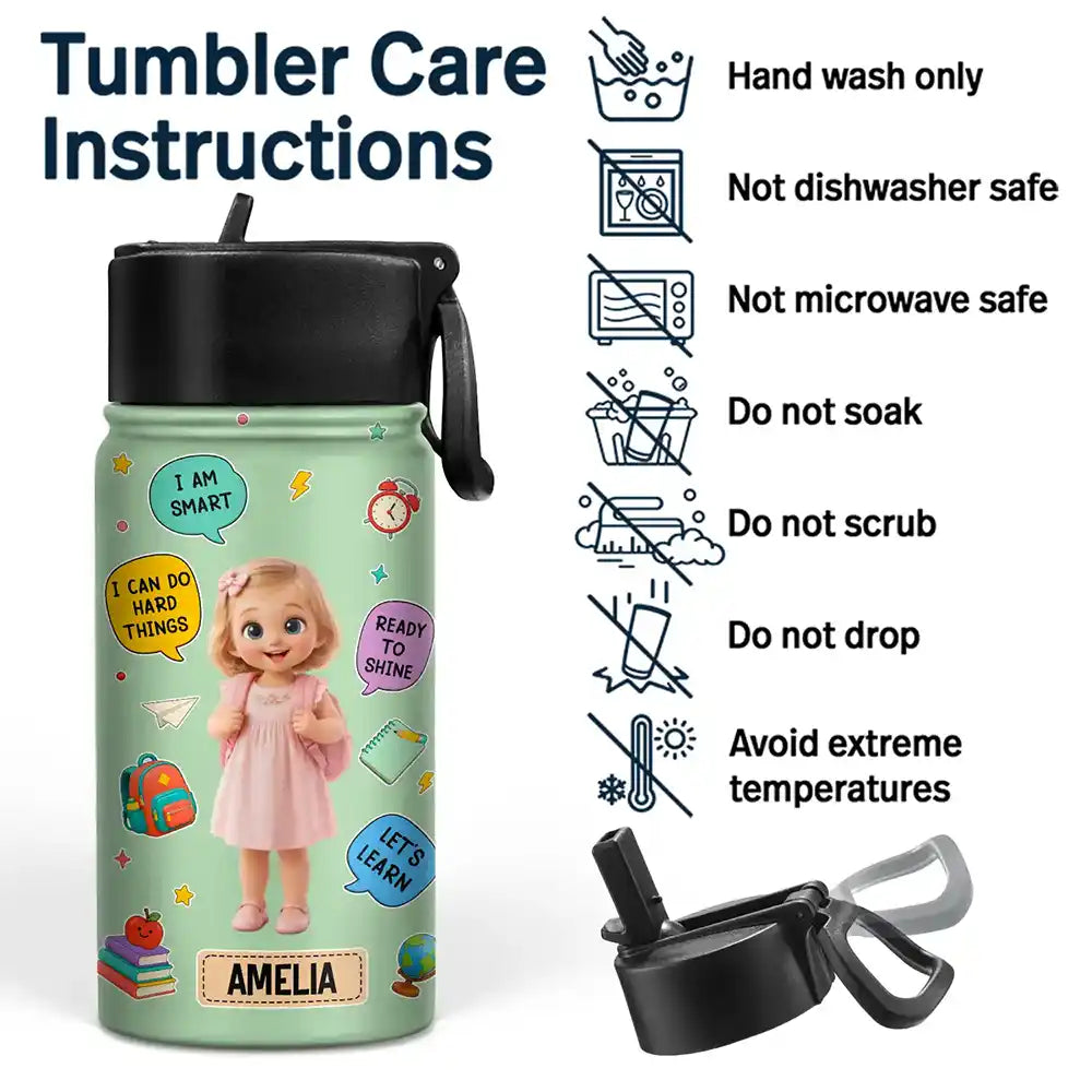Adorable,Art Design,Back To School,Gift For Kids,Photo - Cartoon Portrait - Custom Photo Cartoon Portrait Kids Ready To Shine - Personalized Kids Water Bottle