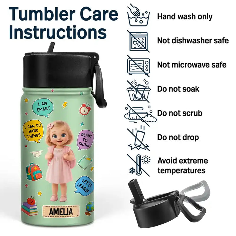 Adorable,Art Design,Back To School,Gift For Kids,Photo - Cartoon Portrait - Custom Photo Cartoon Portrait Kids Ready To Shine - Personalized Kids Water Bottle
