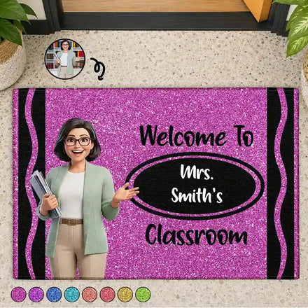 Custom Photo Cartoon Portrait Teacher Classroom Glitter Effect - Personalized Doormat