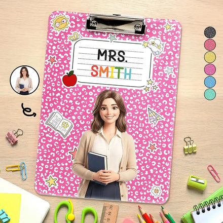 Custom Photo Cartoon Portrait Teacher Composition Notebook - Personalized Acrylic Clipboard