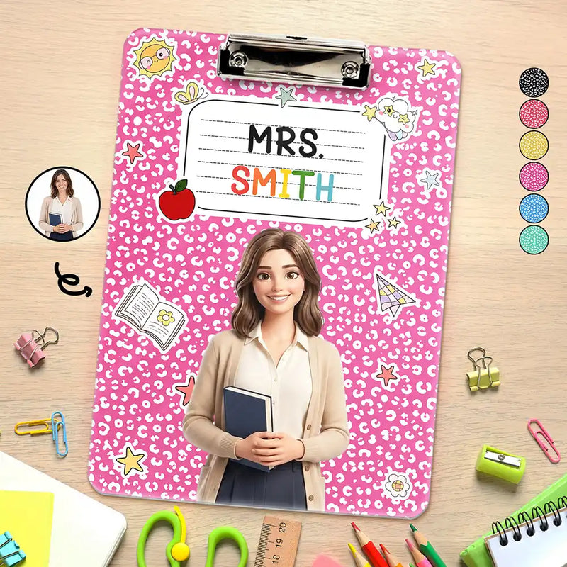 Art Design,Teacher,Confident,Back To School,Photo - Cartoon Portrait - Custom Photo Cartoon Portrait Teacher Composition Notebook - Personalized Acrylic Clipboard