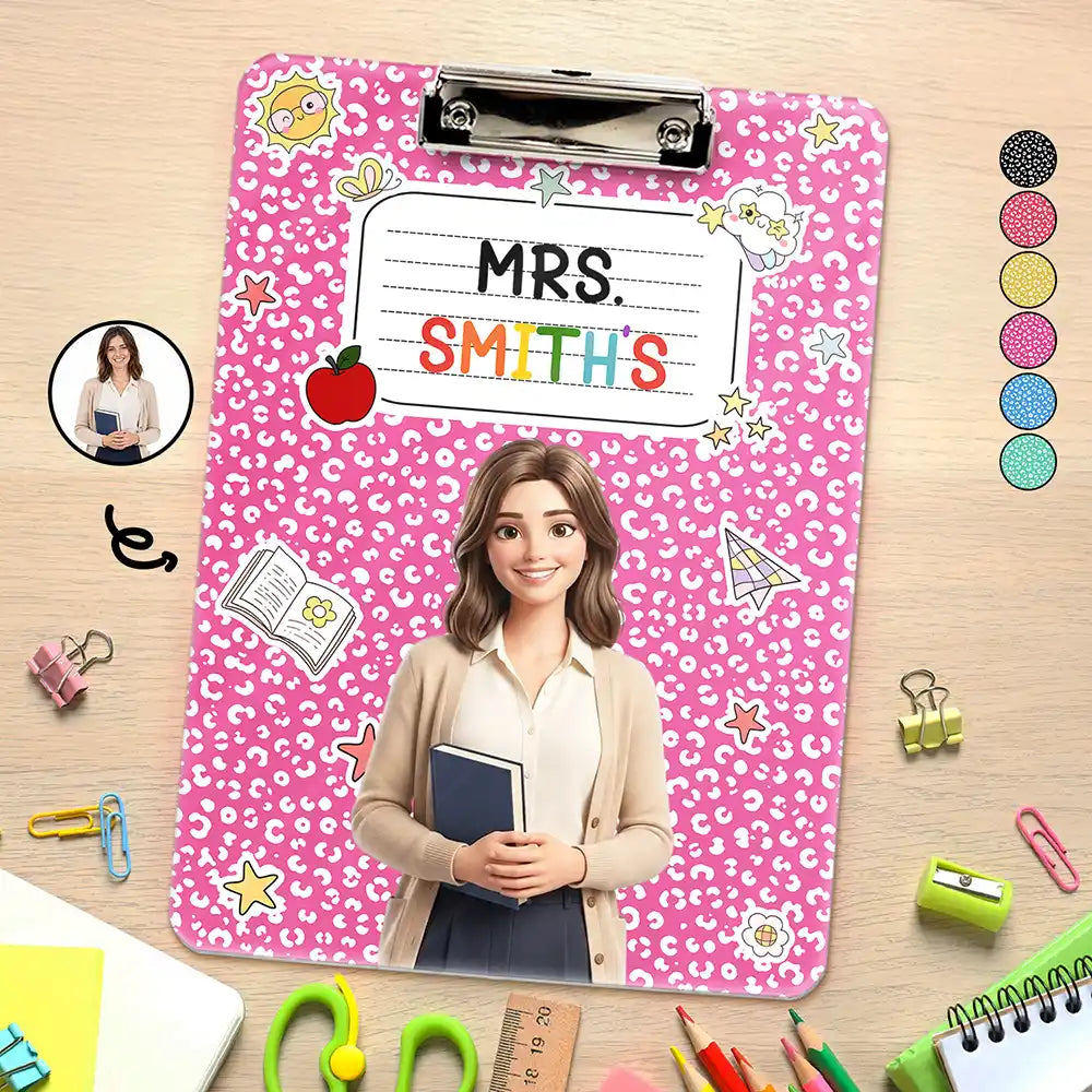 Art Design,Teacher,Confident,Back To School,Photo - Cartoon Portrait - Custom Photo Cartoon Portrait Teacher Composition Notebook - Personalized Acrylic Clipboard