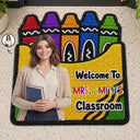 Top Market, Art Design, Teacher, Inspirational, Back To School, Photo - Cartoon Portrait, Alternating Color Text - Custom Photo Cartoon Portrait Teacher Welcome To Classroom Faux Yarn Pattern Crayon Box - Personalized Custom Shaped Doormat