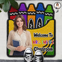Top Market, Art Design, Teacher, Inspirational, Back To School, Photo - Cartoon Portrait, Alternating Color Text - Custom Photo Cartoon Portrait Teacher Welcome To Classroom Faux Yarn Pattern Crayon Box - Personalized Custom Shaped Doormat