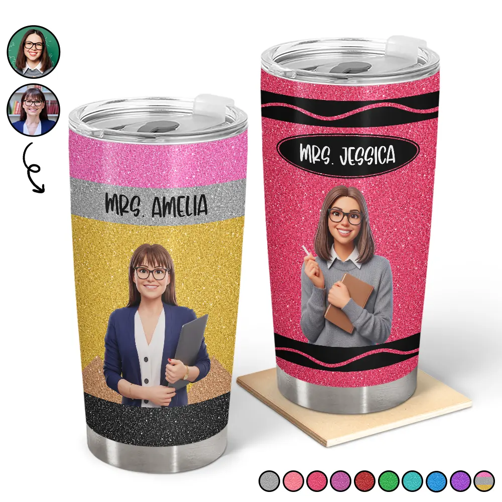 Adorable, Art Design, Teacher, Back To School, Photo - Cartoon Portrait - Custom Photo Cartoon Portrait Teacher With Colorful Crayon - Personalized Tumbler