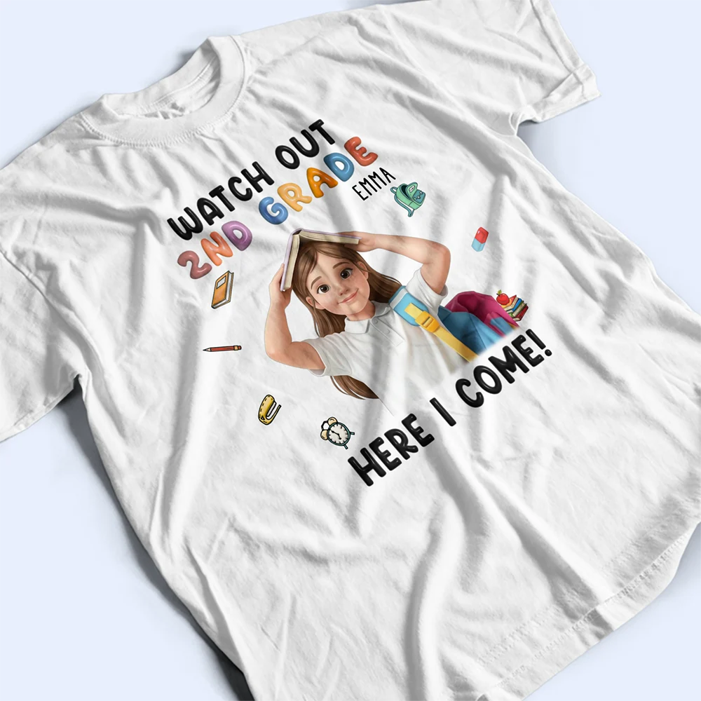 Back To School, Custom Photo, Art Design, Parents, Adorable, Photo - Cartoon Portrait - Custom Photo Cartoon Portrait Watch Out Kindergarten Here I Come - Personalized T Shirt