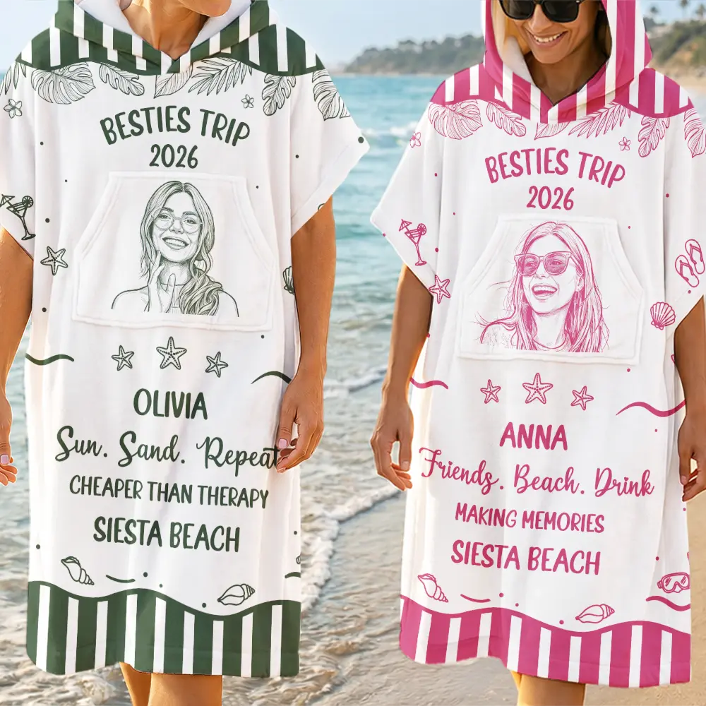 Custom Photo, Beach, Art Design, Summer, Gift For Bestie, Humorous, Photo - Pencil Sketch - Bold - Custom Photo Cheaper Than Therapy Besties Trip Pencil Sketch - Personalized Hooded Poncho Towel