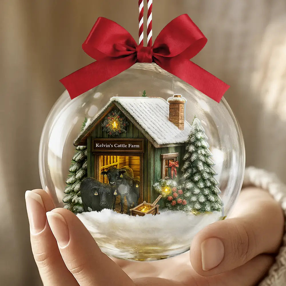 Custom Photo,Happy,Christmas,Farm - Christmas Barn Cattle Farm - Personalized 3D Acrylic Ball Ornament
