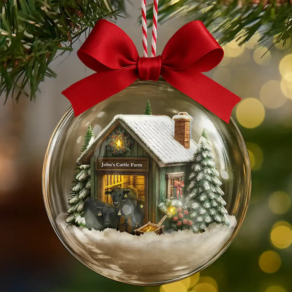 Custom Photo,Happy,Christmas,Farm - Christmas Barn Cattle Farm - Personalized 3D Acrylic Ball Ornament