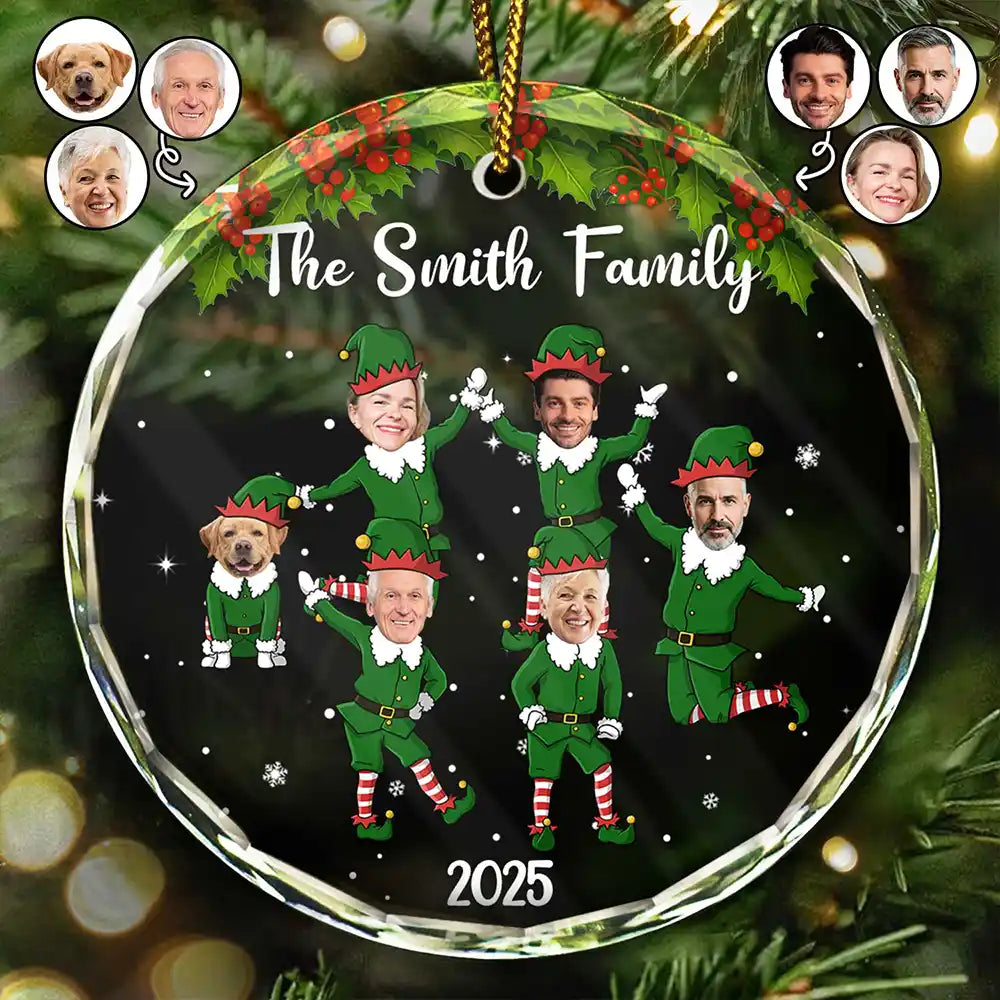 Funny, Family, Gift For Sibling, Parents, Gift For Grandparents - Custom Photo Christmas Family Elves - Personalized Circle Glass Ornament