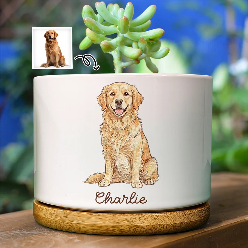 Custom Photo Colored Pencil Sketch Funny Dog Cat Pet - Personalized Ceramic Plant Pot