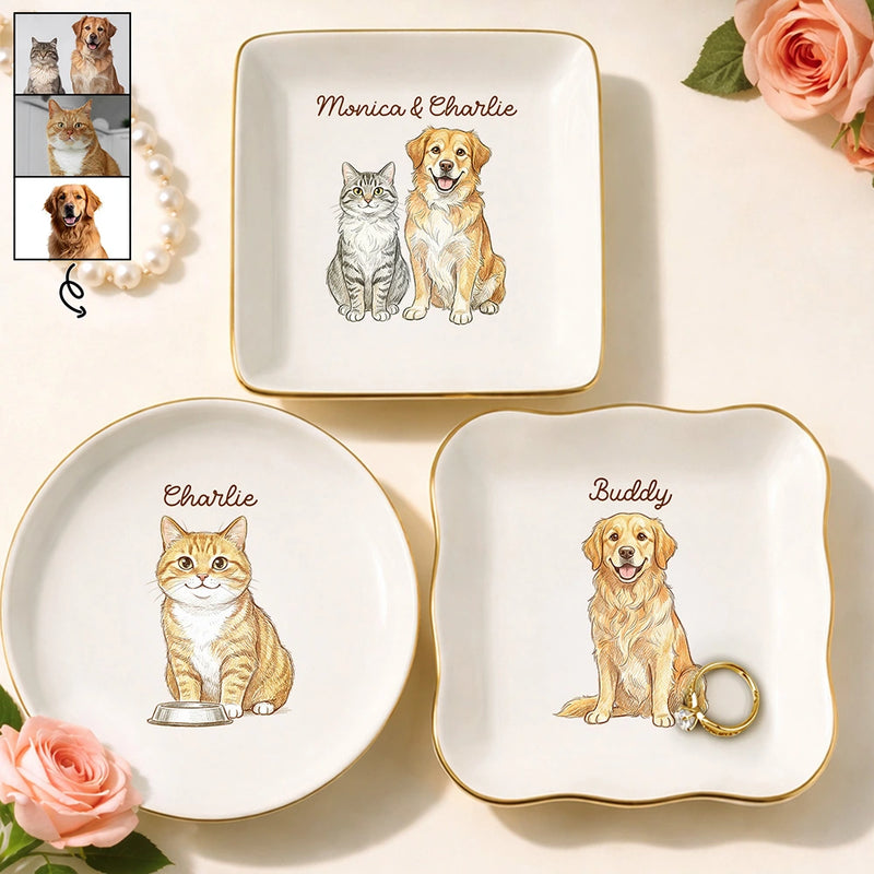 Custom Photo, Art Design, Pet Lovers, Playful, Photo - Colored Pencil - Custom Photo Colored Pencil Sketch Funny Dog Cat Pet - Personalized Ring Dish