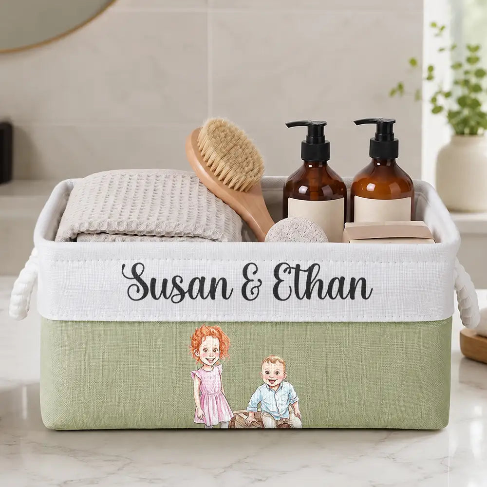 Custom Photo, Art Design, Family, Adorable, Photo - Colored Pencil  - Custom Photo Colored Pencil Sketch Happy Family Dad Mom Kid Pet - Personalized Storage Basket