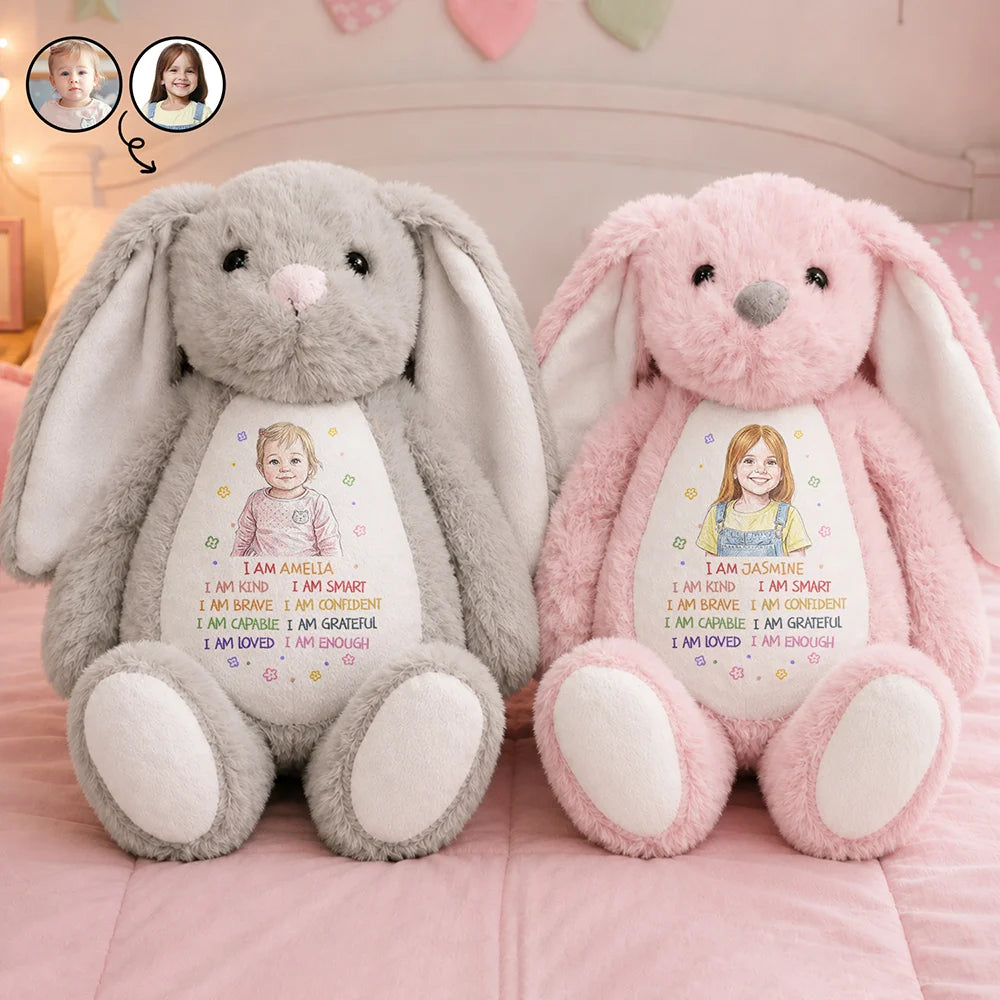 Custom Photo Colored Pencil Sketch Kids Affirmation I Am Kind Brave & Smart - Personalized Soft Toy Bunny