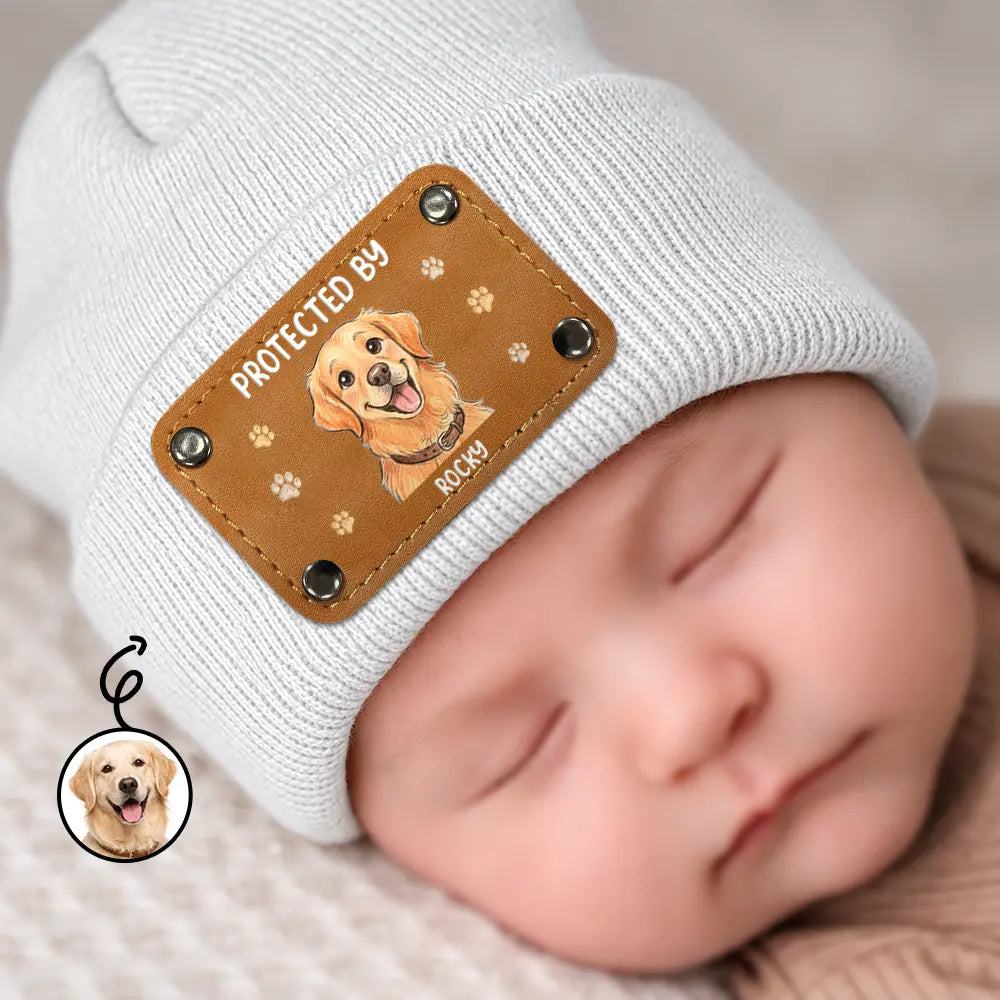 Pet Mom,New Baby,Art Design,Playful,Christmas,Gift For Mother,Pet Lovers,Photo - Colored Pencil - Custom Photo Colored Pencil Sketch New Baby Protected By Pet Gift For New Mom New Dad - Personalized Beanie With Leather Patch