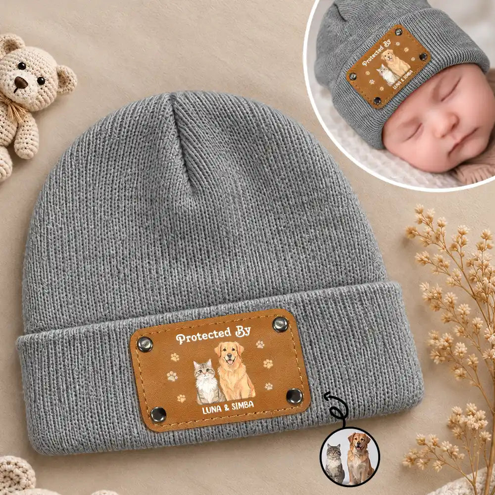Pet Mom,New Baby,Art Design,Playful,Christmas,Gift For Mother,Pet Lovers,Photo - Colored Pencil - Custom Photo Colored Pencil Sketch New Baby Protected By Pet Gift For New Mom New Dad - Personalized Beanie With Leather Patch