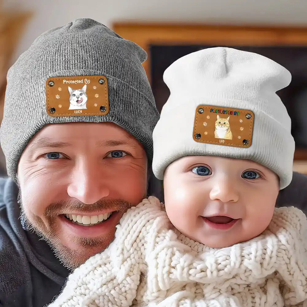Pet Mom,New Baby,Art Design,Playful,Christmas,Gift For Mother,Pet Lovers,Photo - Colored Pencil - Custom Photo Colored Pencil Sketch New Baby Protected By Pet Gift For New Mom New Dad - Personalized Beanie With Leather Patch