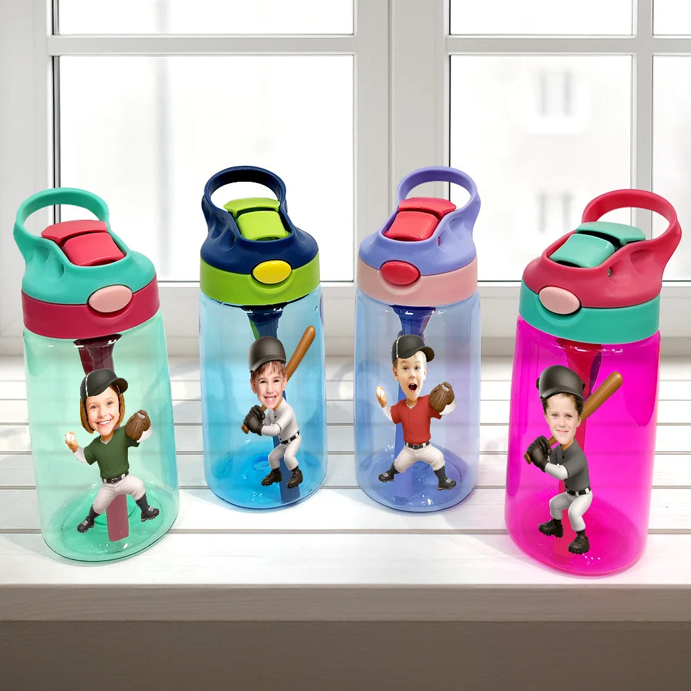 Gift For Kids, Happy, Funny, Custom Photo - Custom Photo Cute Kid Sport Playing Football Soccer Baseball Softball - Personalized Kids Water Bottle With Straw