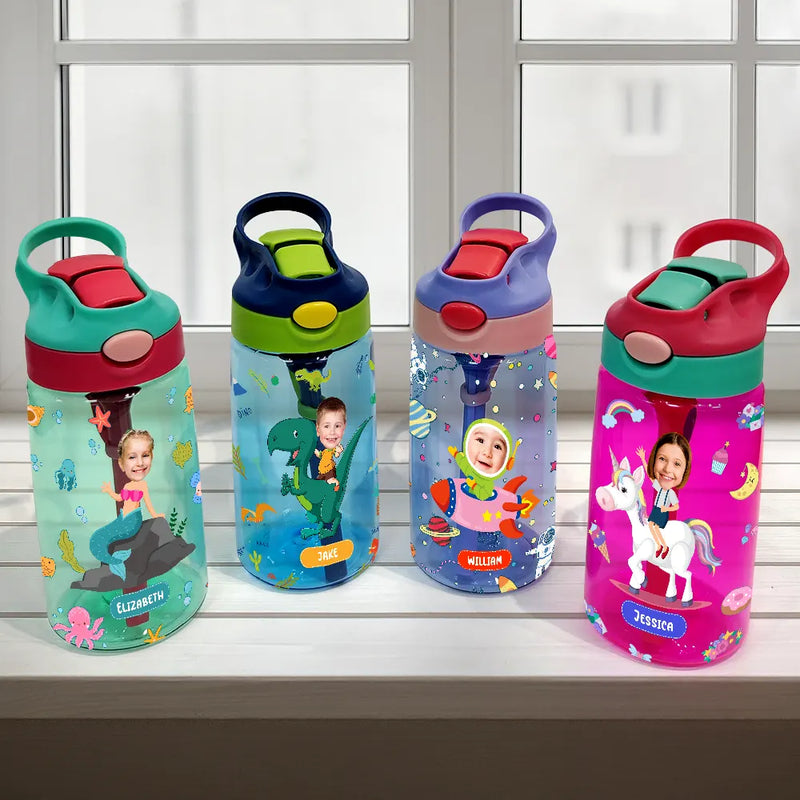 Gift For Kids, Back To School - Custom Photo Cute & Funny Car Mermaid Unicorn Dinosaur Astronaut - Personalized Kids Water Bottle With Straw