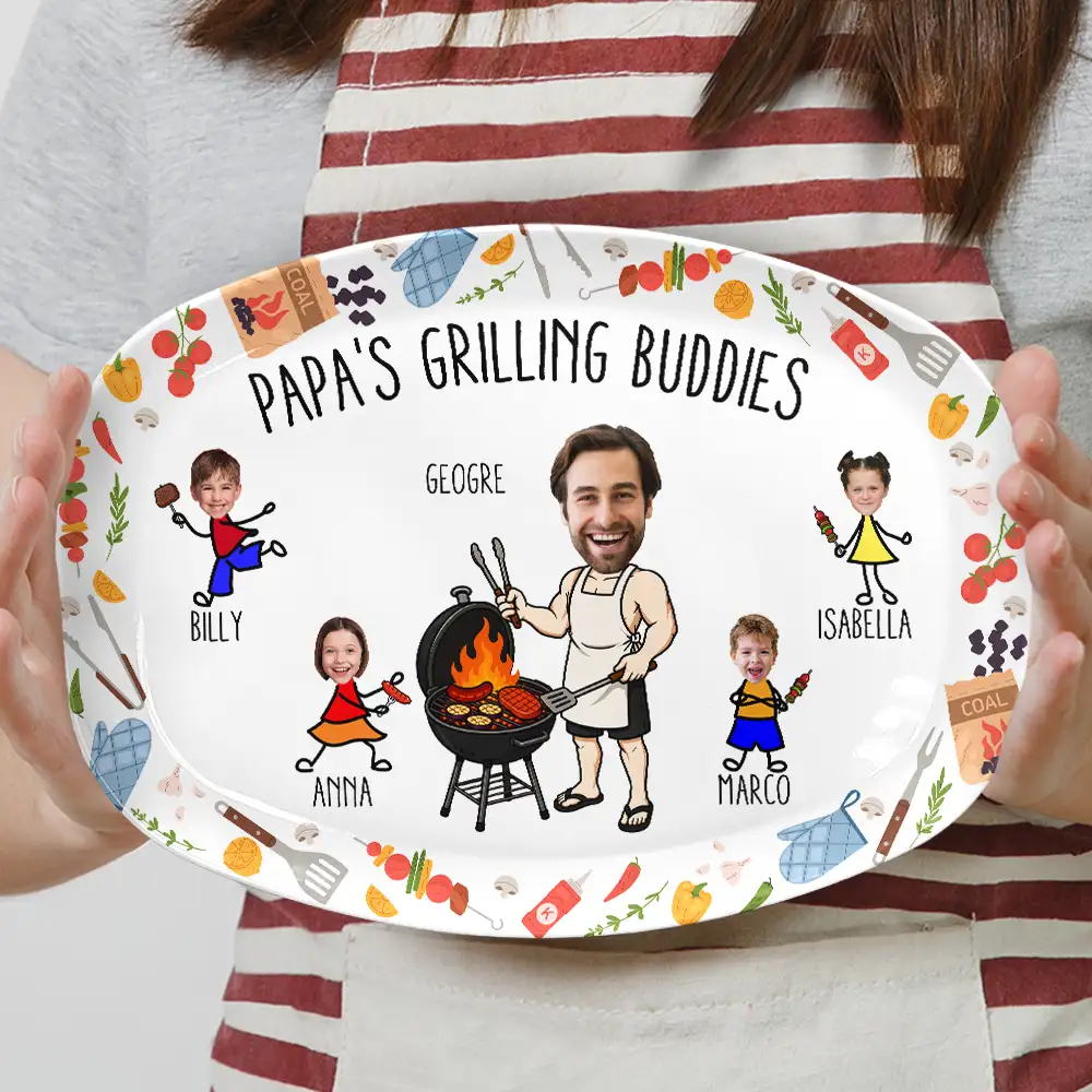 Gift For Father,Gift For Grandpa,Grilling,Photo,Icon,Humorous - Custom Photo Dad Papa Grilling Buddies Fun Icon - Personalized Plate